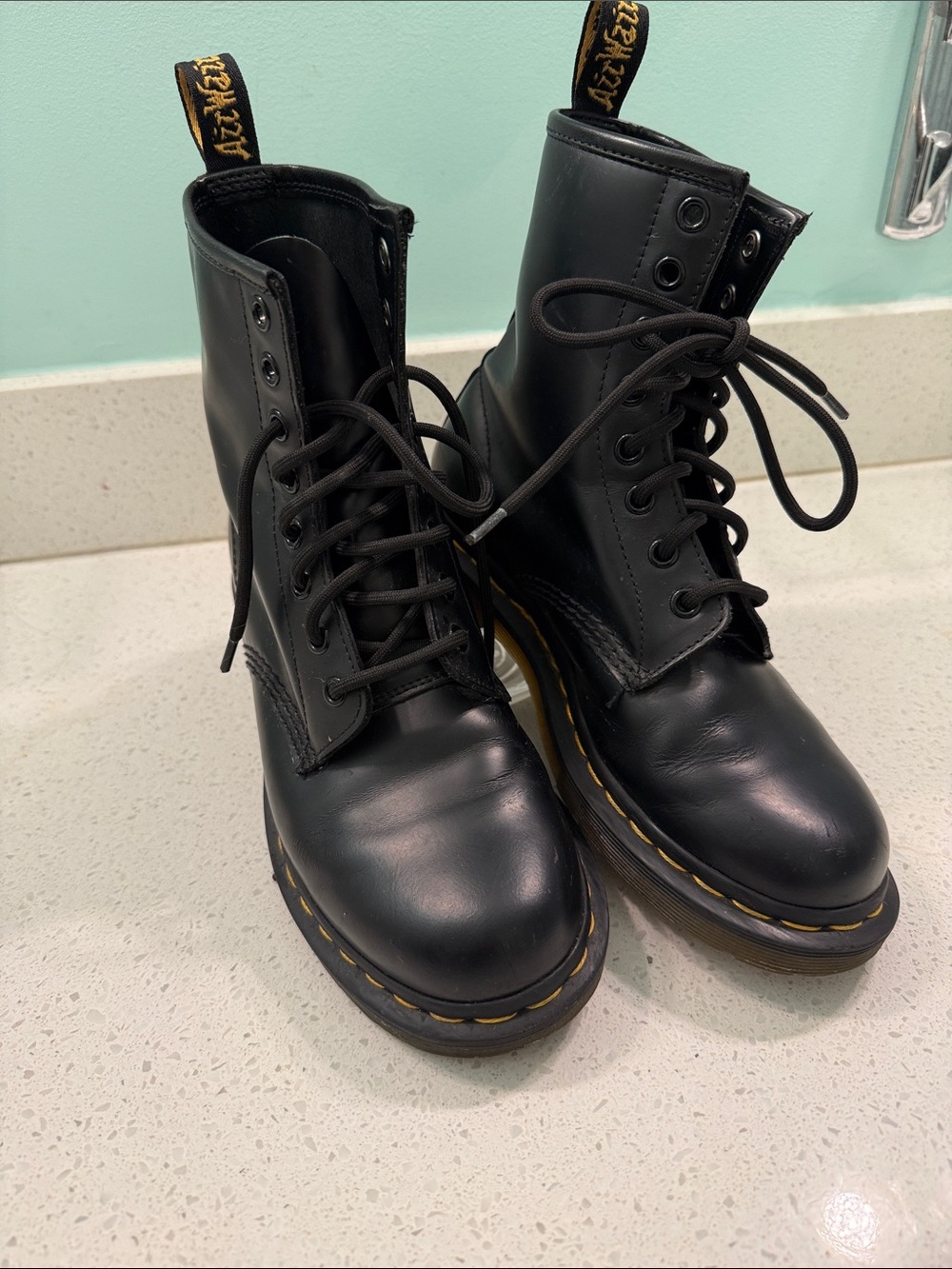Dr. Martens Black Lace-Up Leather Combat Boots with Yellow Stitching